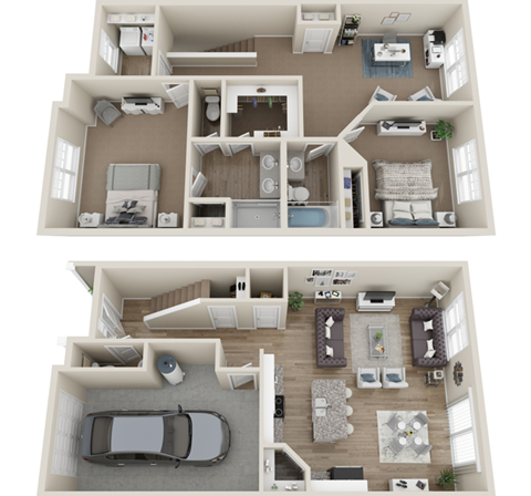 A top-down view of a two-story house with a car parked in the garage.